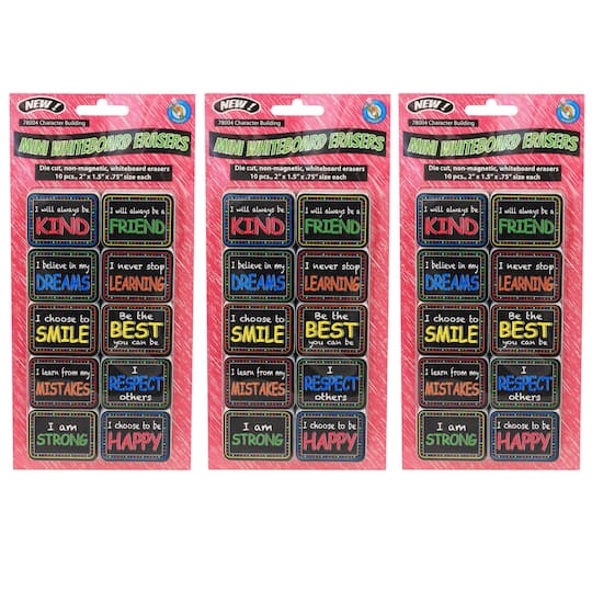 Ashley Productions Non-Magnetic Mini Character-Building Whiteboard Erasers, 3 Packs of 10